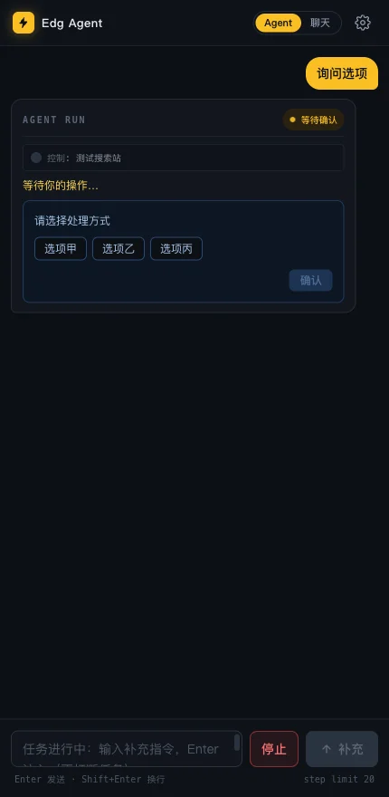 ask_user 的选项按钮：选项甲 / 选项乙 / 选项丙